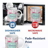 Personalized Custom Name Watercolor Pink Ribbon Bow Seamless Pattern with Mint Green Stripes 11oz Ceramic Coffee Tea Mug White Large Handle