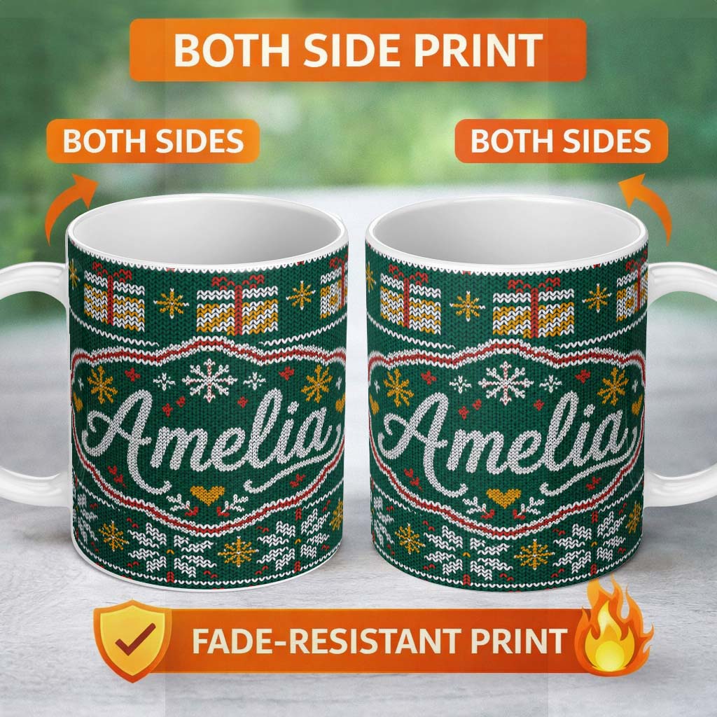 Personalized Custom Name Cute Green Nordic Christmas Tree Snowflake Gift Knitted Seamless 11oz Ceramic Coffee Tea Mug White Large Handle