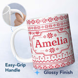 Personalized Custom Name Scandinavian Red Nordic Knit Snowflake  Seamless Pattern 11oz Ceramic Coffee Tea Mug White Large Handle