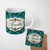 Personalized Custom Name Rich Teal Feather Pattern with Layered Botanical Texture Seamless 11oz Ceramic Coffee Tea Mug White Large Handle