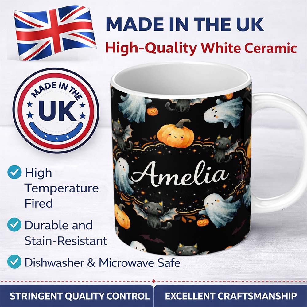 Personalized Custom Name Halloween Ghost Pumpkin Cat Seamless Pattern Neutral Grey Cute 11oz Ceramic Coffee Tea Mug White Large Handle