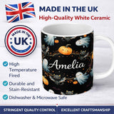 Personalized Custom Name Halloween Ghost Pumpkin Cat Seamless Pattern Neutral Grey Cute 11oz Ceramic Coffee Tea Mug White Large Handle