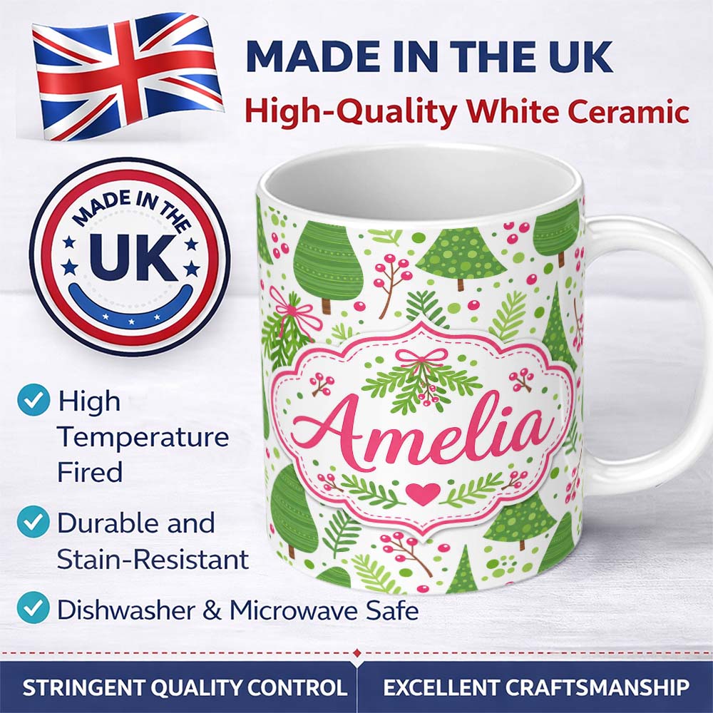 Personalized Custom Name Simple Green Christmas Trees Leaves Berries Seamless Pattern Lovely 11oz Ceramic Coffee Tea Mug White Large Handle