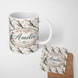 Personalized Custom Name Realistic Woodpecker Birds on Tree Branch Seamless Pattern Lovely 11oz Ceramic Coffee Tea Mug White Large Handle