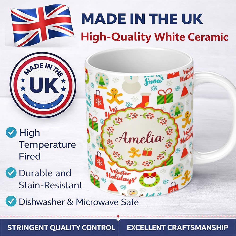 Personalized Custom Name Winter Holidays Snowman Gingerbread Gifts Festive Text Seamless 11oz Ceramic Coffee Tea Mug White Large Handle