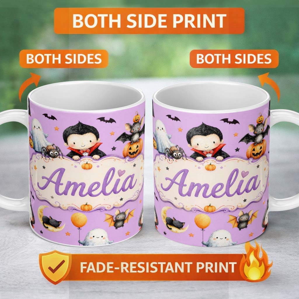 Personalized Custom Name Cute Halloween Dracula Ghost Bats on Purple Background Seamless 11oz Ceramic Coffee Tea Mug White Large Handle