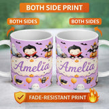 Personalized Custom Name Cute Halloween Dracula Ghost Bats on Purple Background Seamless 11oz Ceramic Coffee Tea Mug White Large Handle