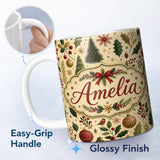 Personalized Custom Name Elegant Christmas Trees Holly Leaves Berries and Snowflake Elements 11oz Ceramic Coffee Tea Mug White Large Handle