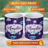 Personalized Custom Name Cute Dolphin Shark and Jellyfish Ocean Animals Purple Background 11oz Ceramic Coffee Tea Mug White Large Handle