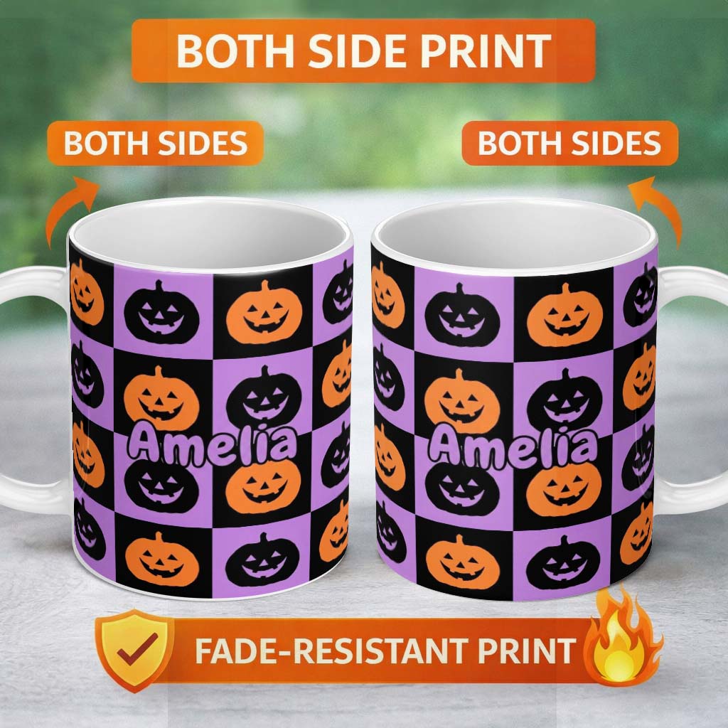 Personalized Custom Name Halloween Pumpkin Faces on Purple and Black Checkerboard Seamless 11oz Ceramic Coffee Tea Mug White Large Handle
