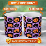 Personalized Custom Name Halloween Pumpkin Faces on Purple and Black Checkerboard Seamless 11oz Ceramic Coffee Tea Mug White Large Handle
