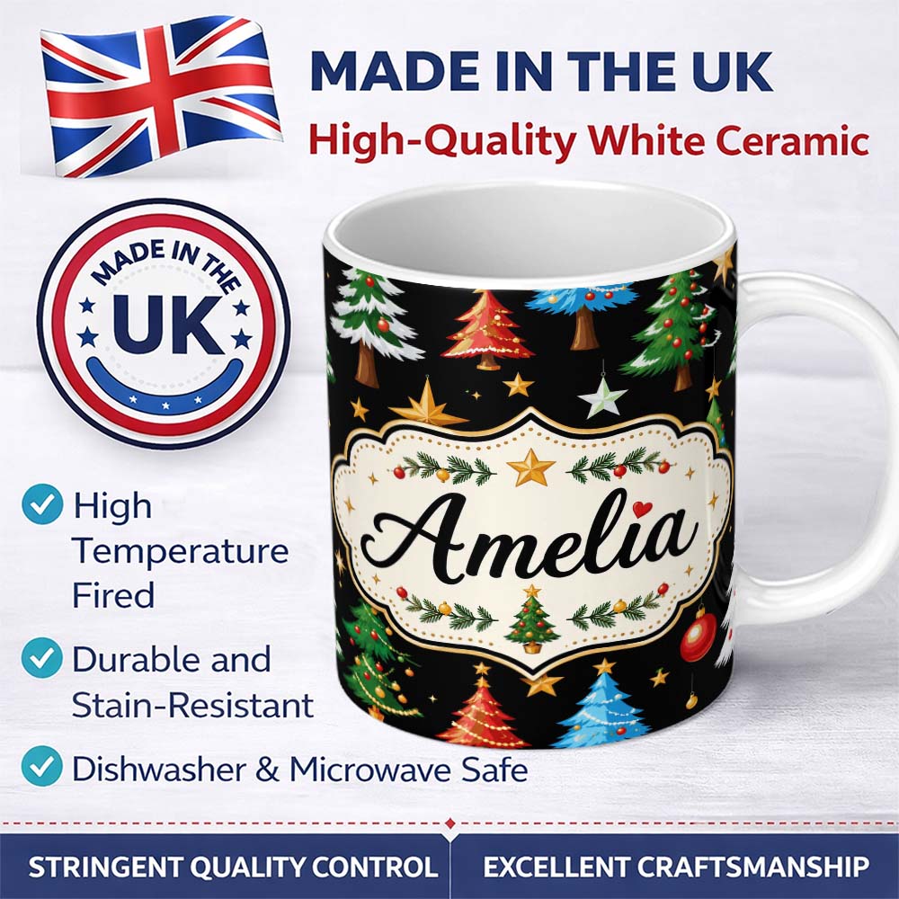 Personalized Custom Name Christmas Trees with Ornaments Stars and Baubles on Black Seamless 11oz Ceramic Coffee Tea Mug White Large Handle