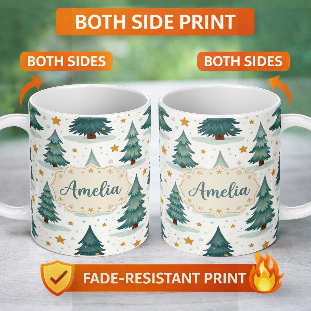 Personalized Custom Name Winter Snowy Christmas Trees with Golden Stars Seamless Pattern 11oz Ceramic Coffee Tea Mug White Large Handle