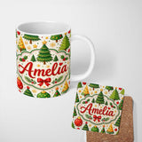 Personalized Custom Name Stylized Christmas Trees with Baubles and Ornaments Cute Seamless 11oz Ceramic Coffee Tea Mug White Large Handle