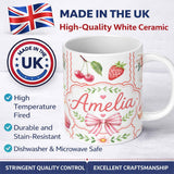 Personalized Custom Name Cute Strawberry Cherry Ribbon Bow Sweet Dessert Pattern Light Grey 11oz Ceramic Coffee Tea Mug White Large Handle