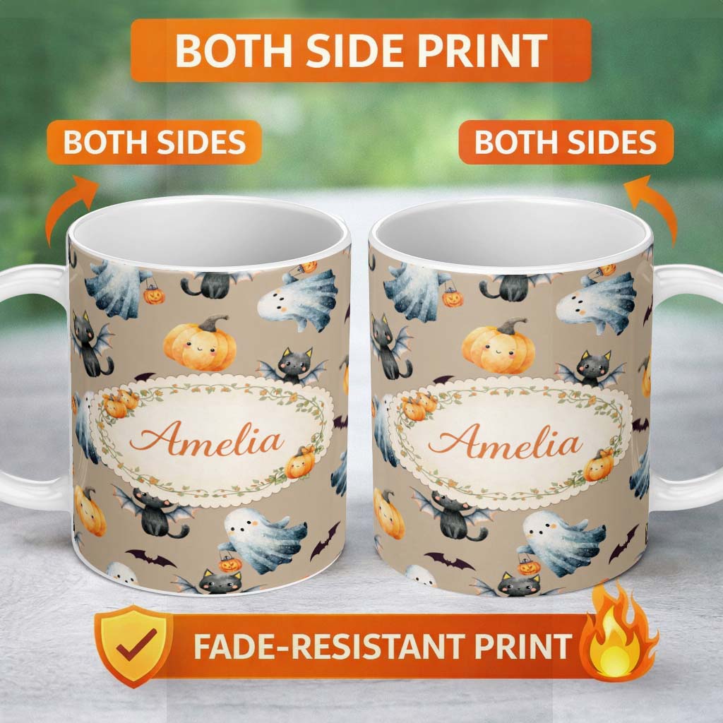 Personalized Custom Name Halloween Ghost Pumpkin Cat Seamless Pattern Taupe Cute Spooky 11oz Ceramic Coffee Tea Mug White Large Handle