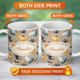 Personalized Custom Name Halloween Ghost Pumpkin Cat Seamless Pattern Taupe Cute Spooky 11oz Ceramic Coffee Tea Mug White Large Handle