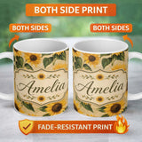 Personalized Custom Name Classic Sunflower Botanical on Soft Neutral Background Seamless 11oz Ceramic Coffee Tea Mug White Large Handle