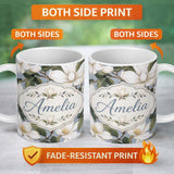 Personalized Custom Name Vintage Magnolia Floral Branches Soft Neutral Background Seamless 11oz Ceramic Coffee Tea Mug White Large Handle