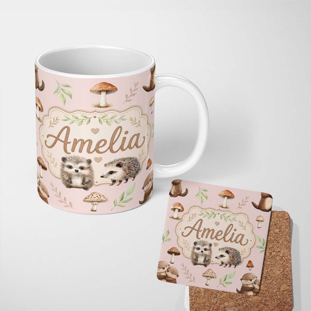 Personalized Custom Name Cute Woodland Hedgehog Mushrooms Leaves Seamless Pattern Sage Green 11oz Ceramic Coffee Tea Mug White Large Handle