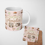 Personalized Custom Name Cute Woodland Hedgehog Mushrooms Leaves Seamless Pattern Sage Green 11oz Ceramic Coffee Tea Mug White Large Handle