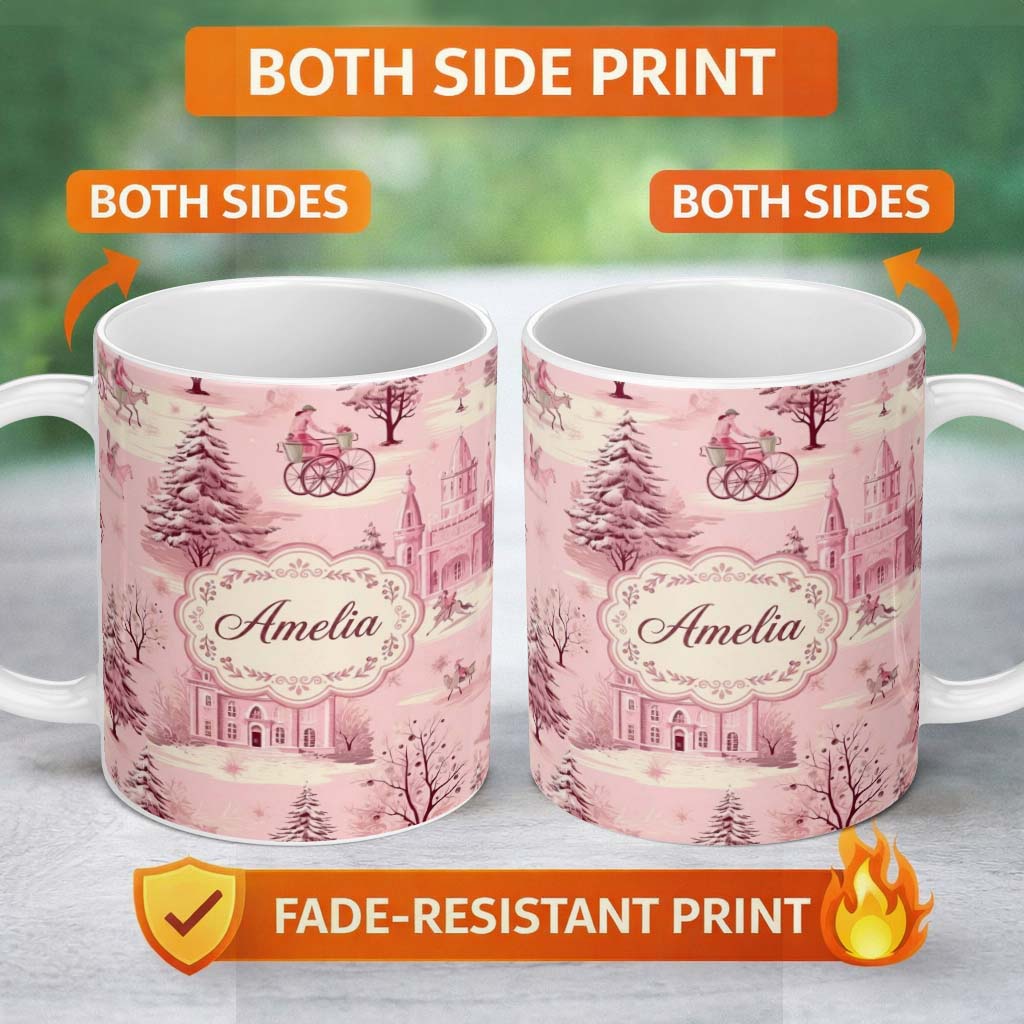 Personalized Custom Name Vintage Pink Christmas Village Winter Scene Seamless Pattern Lovely 11oz Ceramic Coffee Tea Mug White Large Handle