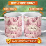 Personalized Custom Name Vintage Pink Christmas Village Winter Scene Seamless Pattern Lovely 11oz Ceramic Coffee Tea Mug White Large Handle