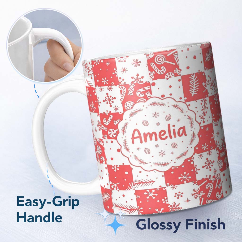Personalized Custom Name Festive Candy Cane Snowflake Checkerboard Christmas Seamless Pattern 11oz Ceramic Coffee Tea Mug White Large Handle