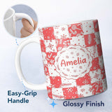 Personalized Custom Name Festive Candy Cane Snowflake Checkerboard Christmas Seamless Pattern 11oz Ceramic Coffee Tea Mug White Large Handle
