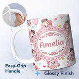 Personalized Custom Name Romantic Couple Kissing Floral Bouquet Hearts Seamless Pattern Grey 11oz Ceramic Coffee Tea Mug White Large Handle