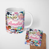Personalized Custom Name Cute Underwater Ocean Animals Mermaid Dolphin Turtle Seamless Lovely 11oz Ceramic Coffee Tea Mug White Large Handle