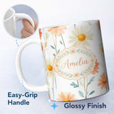 Personalized Custom Name Watercolor Peach Daisy Floral Seamless Pattern on White Background 11oz Ceramic Coffee Tea Mug White Large Handle