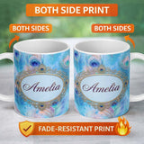 Personalized Custom Name Peacock Feather Iridescent Blue Watercolor Seamless Pattern Lovely 11oz Ceramic Coffee Tea Mug White Large Handle