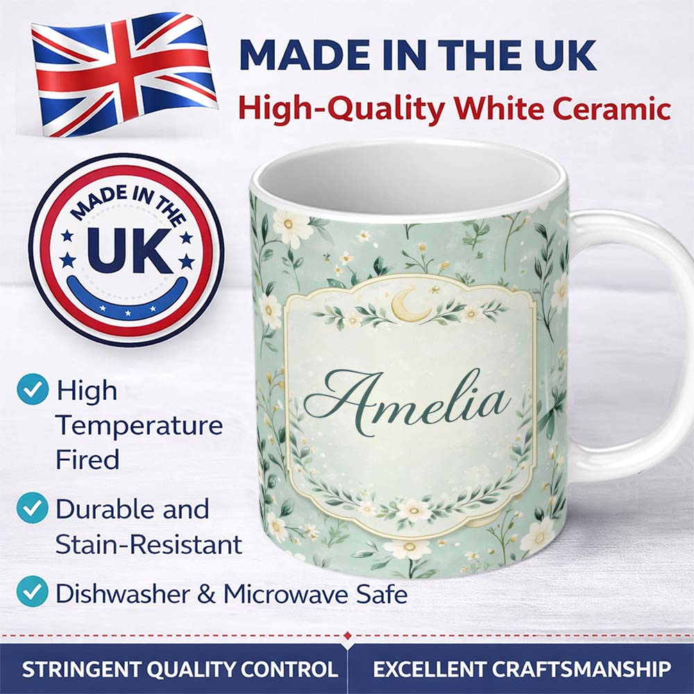Personalized Custom Name Green Floral Moon Seamless Pattern Charming Kitchen Decor Lovely 11oz Ceramic Coffee Tea Mug White Large Handle