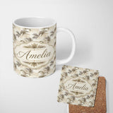 Personalized Custom Name Neutral Palm Leaf Silhouette Pattern in Soft Beige and Taupe Tones 11oz Ceramic Coffee Tea Mug White Large Handle