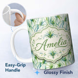 Personalized Custom Name Fresh Tropical Spider Plant Foliage Seamless Pattern Design Lovely 11oz Ceramic Coffee Tea Mug White Large Handle