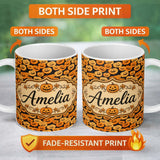 Personalized Custom Name Cute Cartoon Pumpkin Toss Pattern on Dark Night Background Halloween 11oz Ceramic Coffee Tea Mug White Large Handle