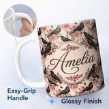 Personalized Custom Name Gothic Raven and Pink Roses Vintage Seamless Pattern Lovely 11oz Ceramic Coffee Tea Mug White Large Handle