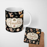 Personalized Custom Name Forest Animals Bear Deer Fox Owl Raccoon on Deep Black Seamless 11oz Ceramic Coffee Tea Mug White Large Handle