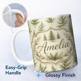 Personalized Custom Name Delicate Pine Branch Trees Light Neutral Seamless Pattern Lovely 11oz Ceramic Coffee Tea Mug White Large Handle