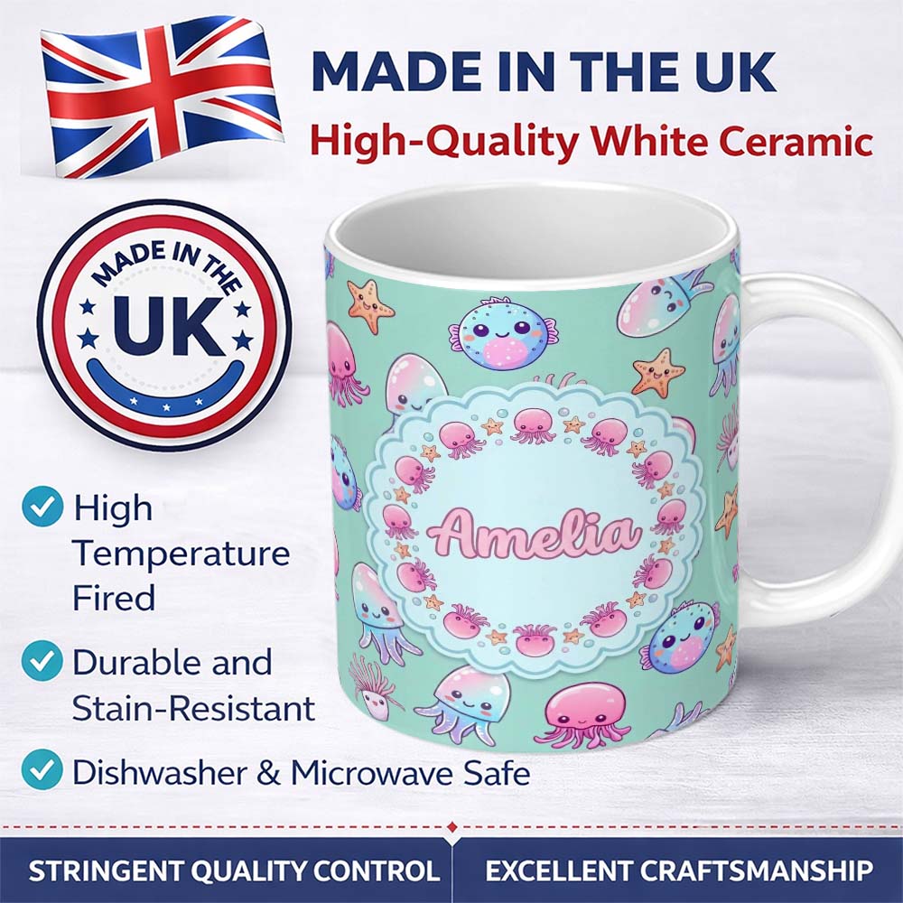Personalized Custom Name Kawaii Jellyfish Puffer Fish Starfish Pastel Ocean Creatures Mint 11oz Ceramic Coffee Tea Mug White Large Handle