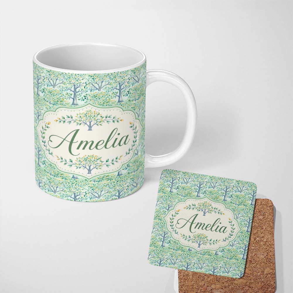 Personalized Custom Name Soft Blue Green Stylised Trees with Delicate Leaves Seamless Pattern 11oz Ceramic Coffee Tea Mug White Large Handle