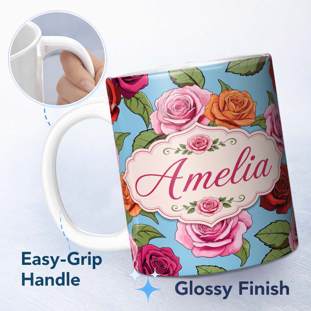 Personalized Custom Name Colorful Roses on Sky Blue Background Seamless Floral Pattern Lovely 11oz Ceramic Coffee Tea Mug White Large Handle