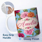 Personalized Custom Name Colorful Roses on Sky Blue Background Seamless Floral Pattern Lovely 11oz Ceramic Coffee Tea Mug White Large Handle