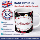 Personalized Custom Name Cute Cherry and Daisy Flowers with Pink Ribbon Bows Pattern Black 11oz Ceramic Coffee Tea Mug White Large Handle