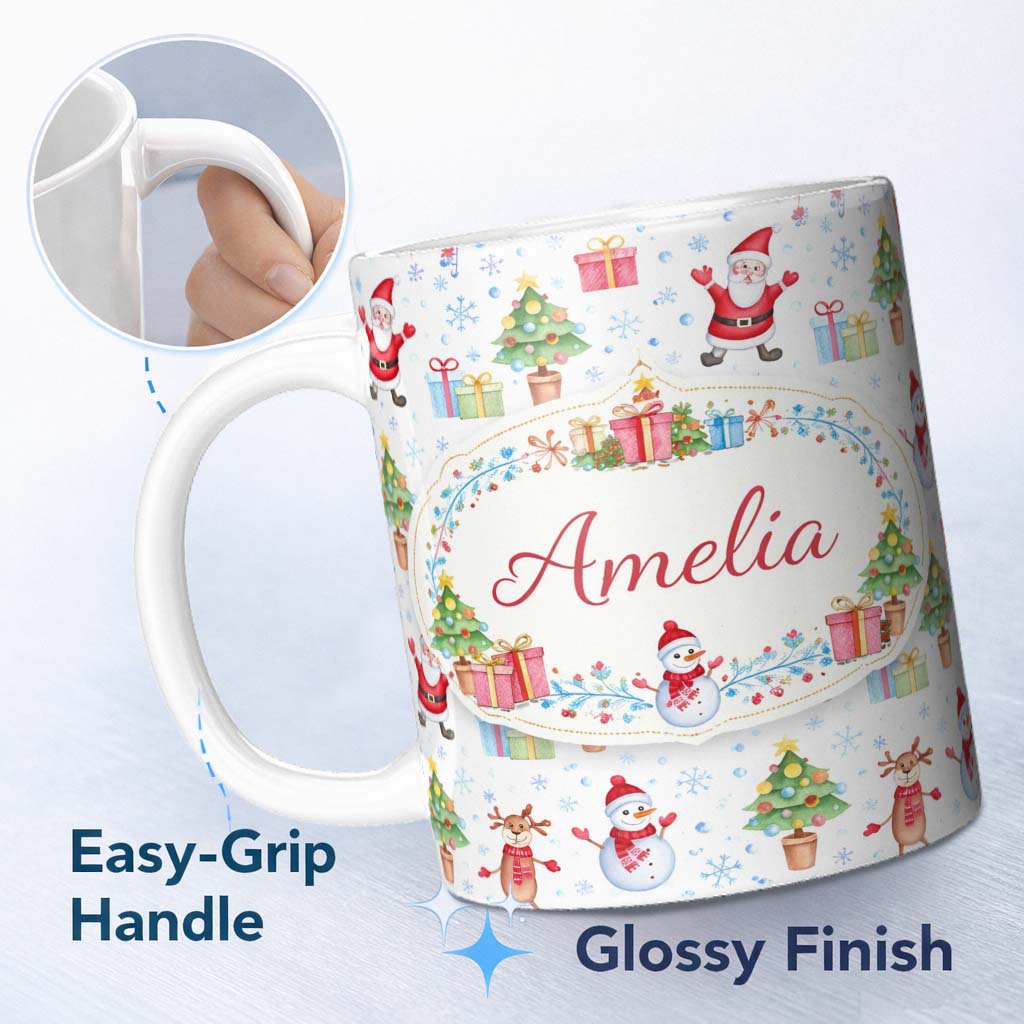 Personalized Custom Name Santa Reindeer Christmas Tree Pattern Cute Holiday Seamless Design 11oz Ceramic Coffee Tea Mug White Large Handle