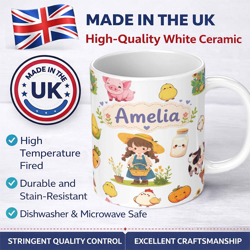 Personalized Custom Name Cute Farm Girl Pig Cow Chicken Corn Milk White Background Seamless 11oz Ceramic Coffee Tea Mug White Large Handle