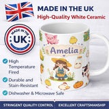 Personalized Custom Name Cute Farm Girl Pig Cow Chicken Corn Milk White Background Seamless 11oz Ceramic Coffee Tea Mug White Large Handle