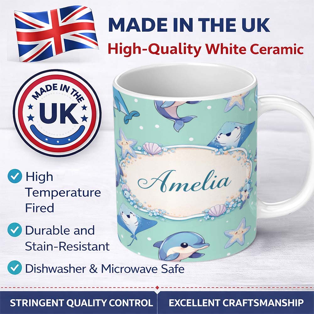 Personalized Custom Name Cute Dolphin Stingray Starfish Cartoon Sea Life Pattern Mint Lovely 11oz Ceramic Coffee Tea Mug White Large Handle