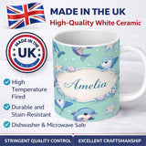 Personalized Custom Name Cute Dolphin Stingray Starfish Cartoon Sea Life Pattern Mint Lovely 11oz Ceramic Coffee Tea Mug White Large Handle